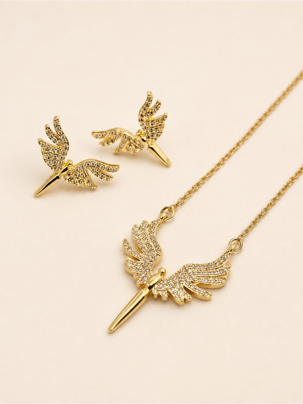 Angel Gold Winged Pendant Necklace and Stud Earrings Set